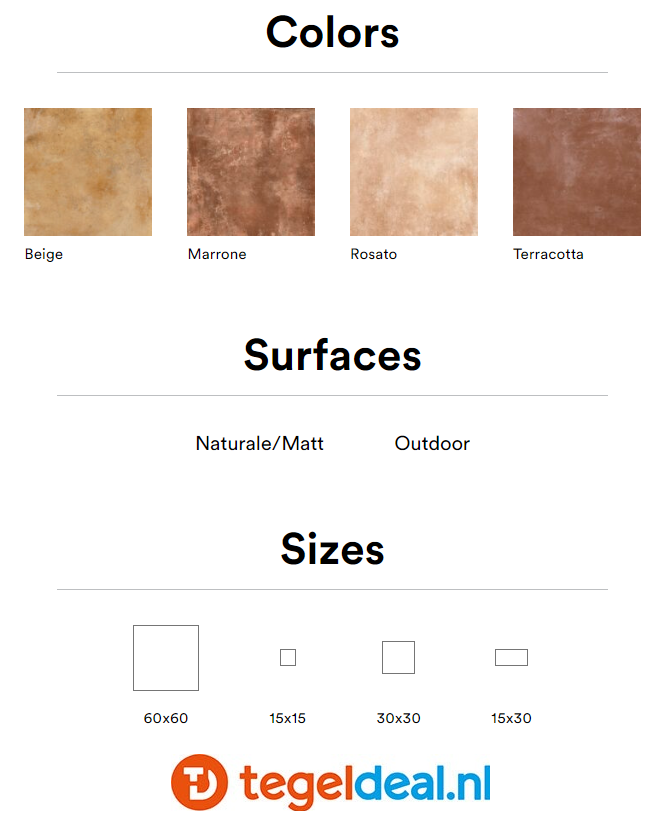 Marazzi Cotti d'Italia, terracottalook tegels - 4 kleuren - 4 formaten