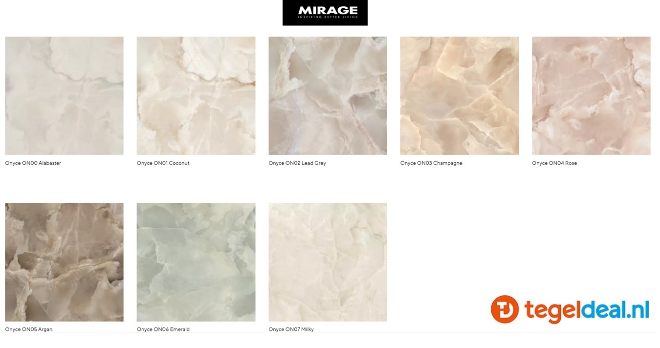 Mirage Onyce, onyx-look wand- en vloertegels in 8 kleuren v.a. € 52,50/m2, 60x120 cm, 120x120 cm