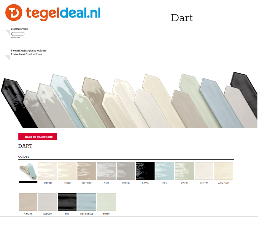 Tonalite, Dart, 7x28 cm pijlvormige wandtegels Tonalite, Dart, 7x28 cm pijlvormige wandtegels