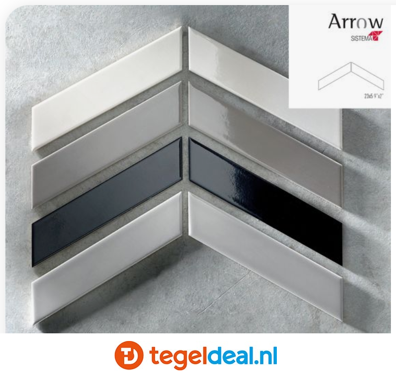 Tonalite, Arrow A+B, 5x23 cm, chevron wandtegels Tonalite, Arrow A+B, 5x23 cm, chevron wandtegels