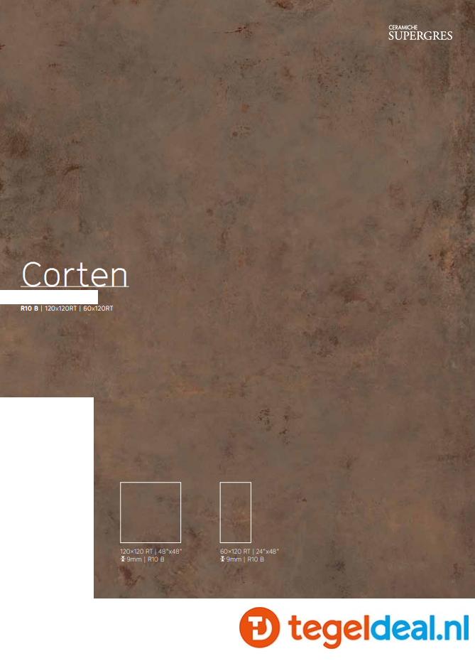 Supergres Irony, CORTEN, 60x120 cm, metaallook tegels - €39,50 per m2 incl. btw