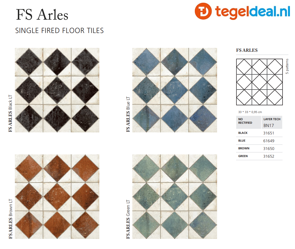 Peronda, Fs Arles, 33x33 cm, 4 kleuren, vintage patroontegels