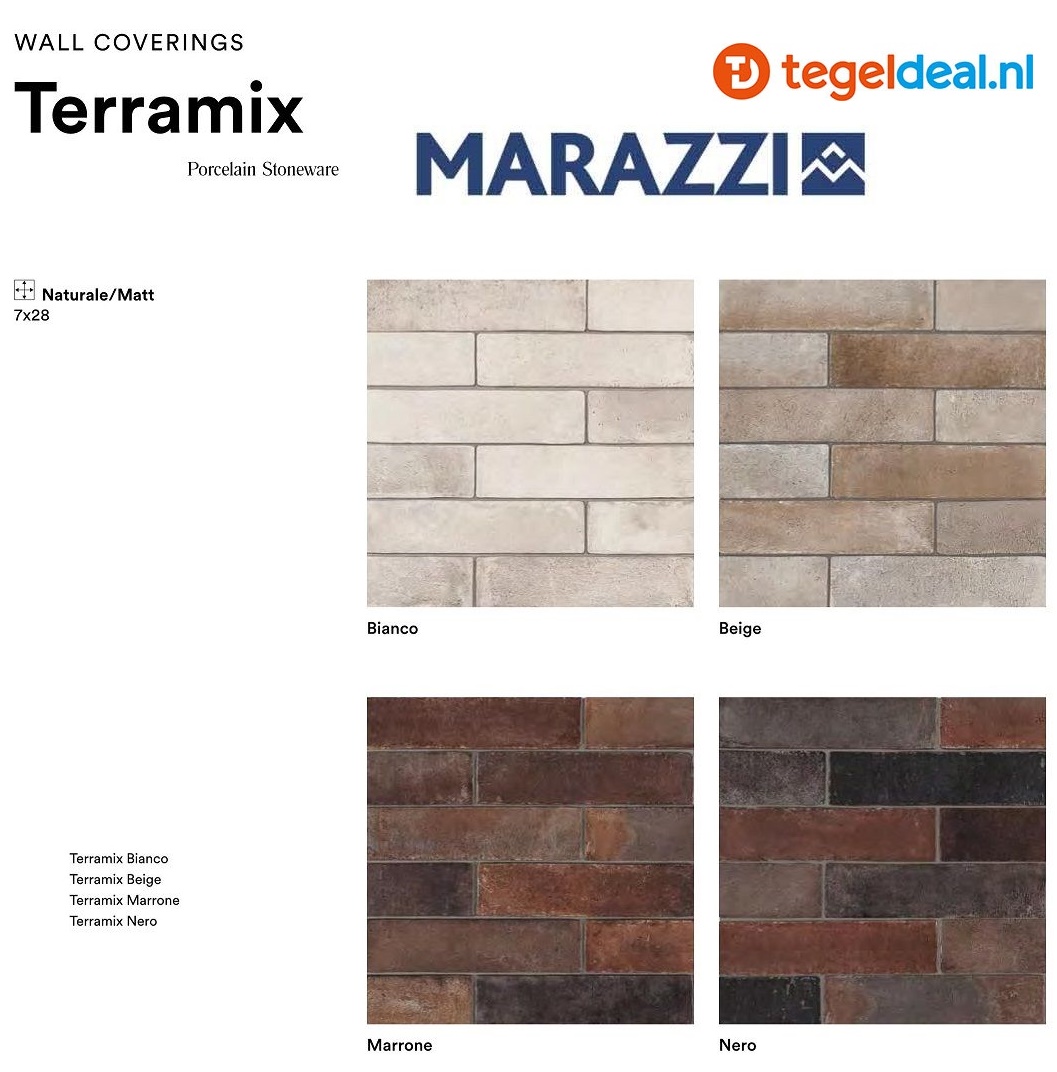 Marazzi Terramix, 7x28 cm baksteenlook tegels - 4 kleuren 