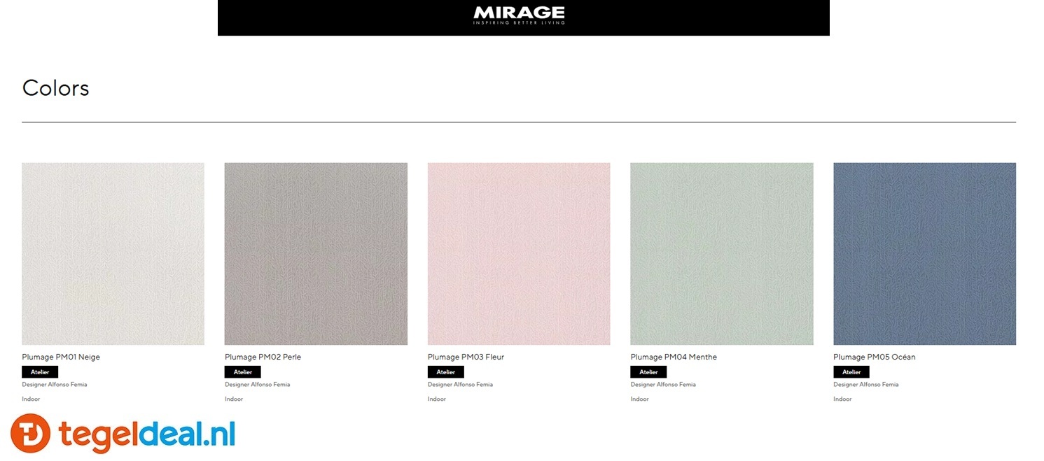Mirage Plumage, tegels voor vloer en wand in 5 kleuren Mirage Plumage, tegels voor vloer en wand in 5 kleuren