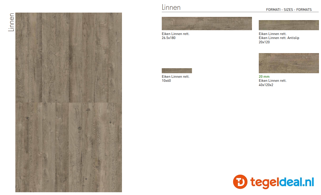 SIL Ceramiche, Eiken Linnen, 40x120x2 cm, houtlook terrastegels