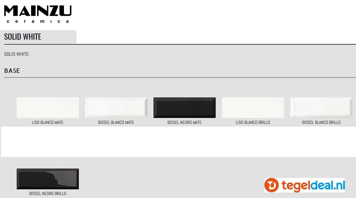 Mainzu, Metrotegels, collectie Bevelled - series: Plus Bissel, Settecento en Solid White 
